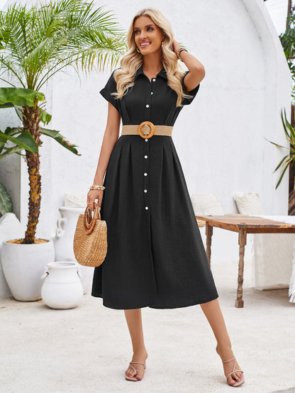 Summer Polo Collar Short Sleeve Pinch Pleated Dress