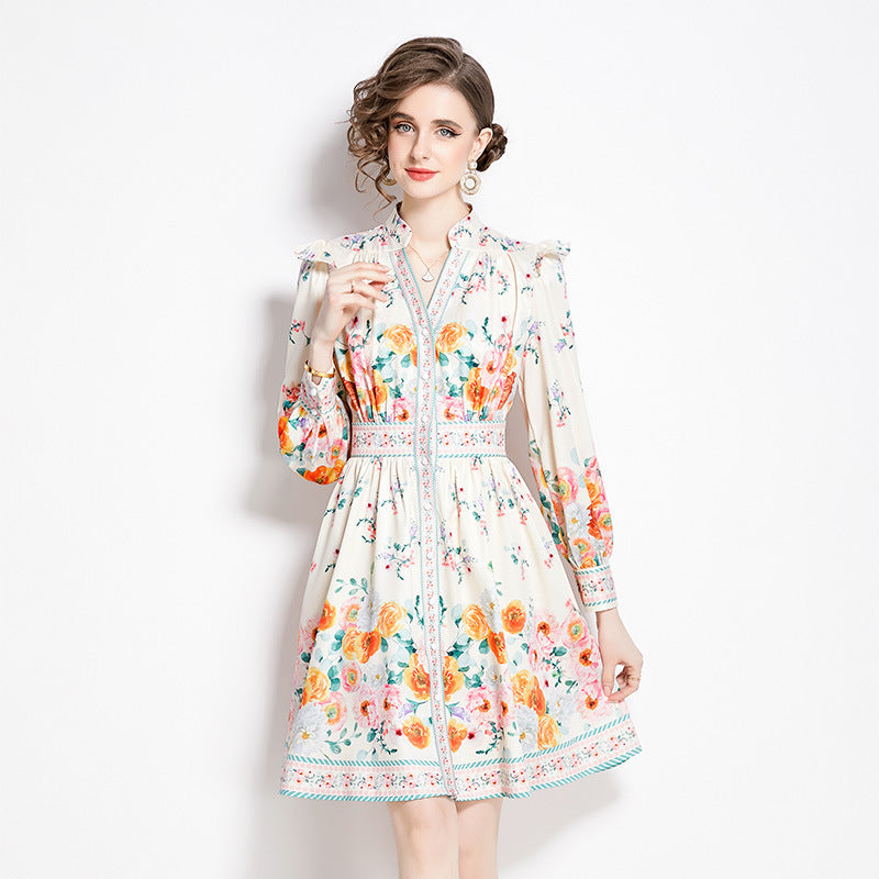 2024 Spring And Autumn Vintage Style V-neck Dress - Long Sleeve