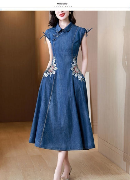 New Elegant 2024 Summer Denim Dress Retro Embroidery