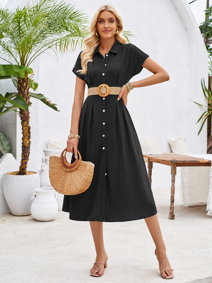 Summer Polo Collar Short Sleeve Pinch Pleated Dress