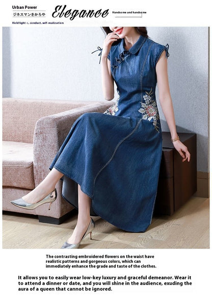 New Elegant 2024 Summer Denim Dress Retro Embroidery