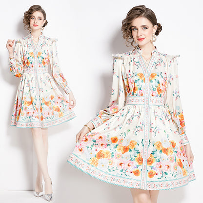 2024 Spring And Autumn Vintage Style V-neck Dress - Long Sleeve