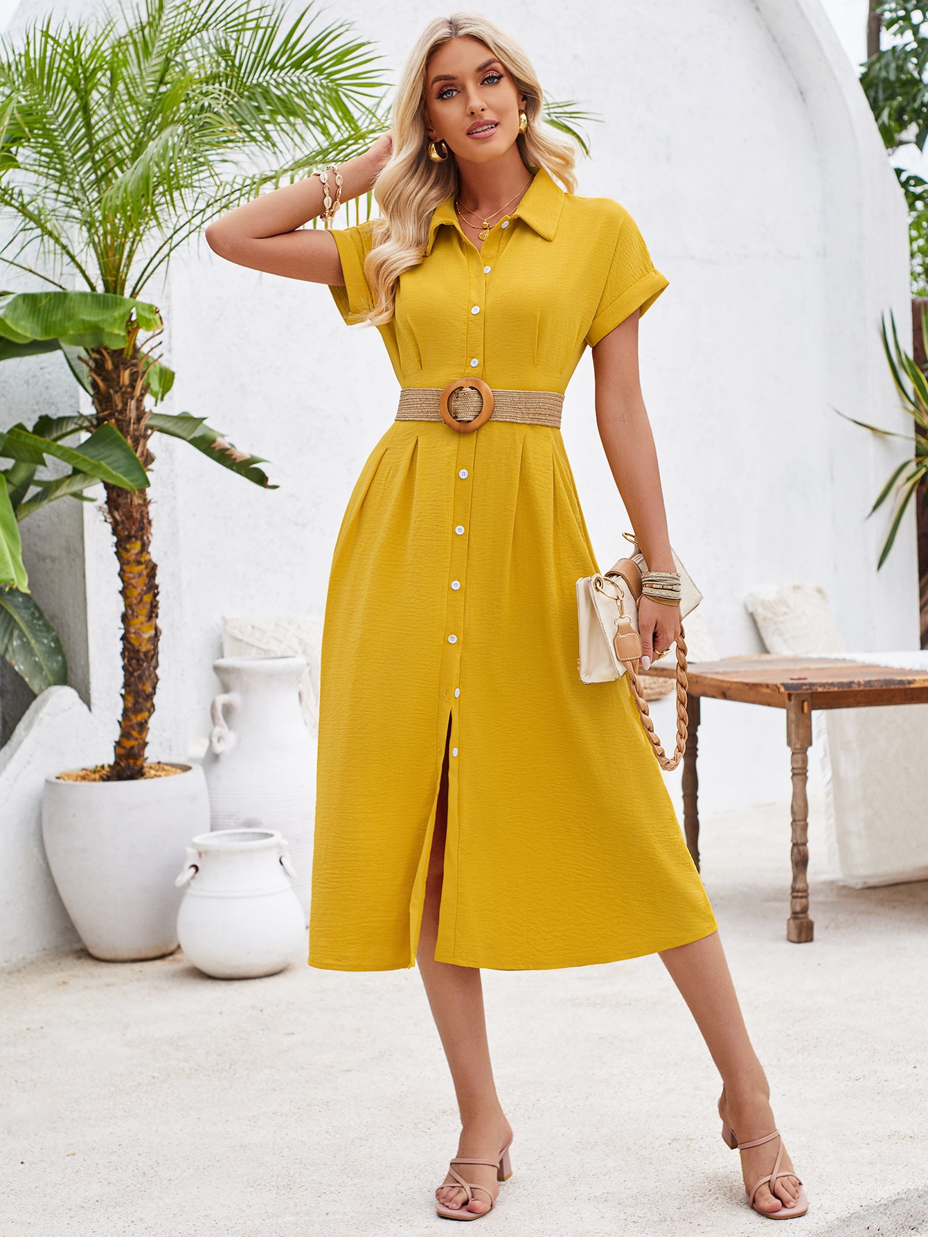 Summer Polo Collar Short Sleeve Pinch Pleated Dress