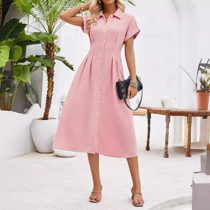 Summer Polo Collar Short Sleeve Pinch Pleated Dress