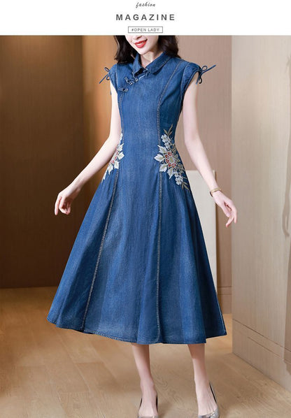 New Elegant 2024 Summer Denim Dress Retro Embroidery