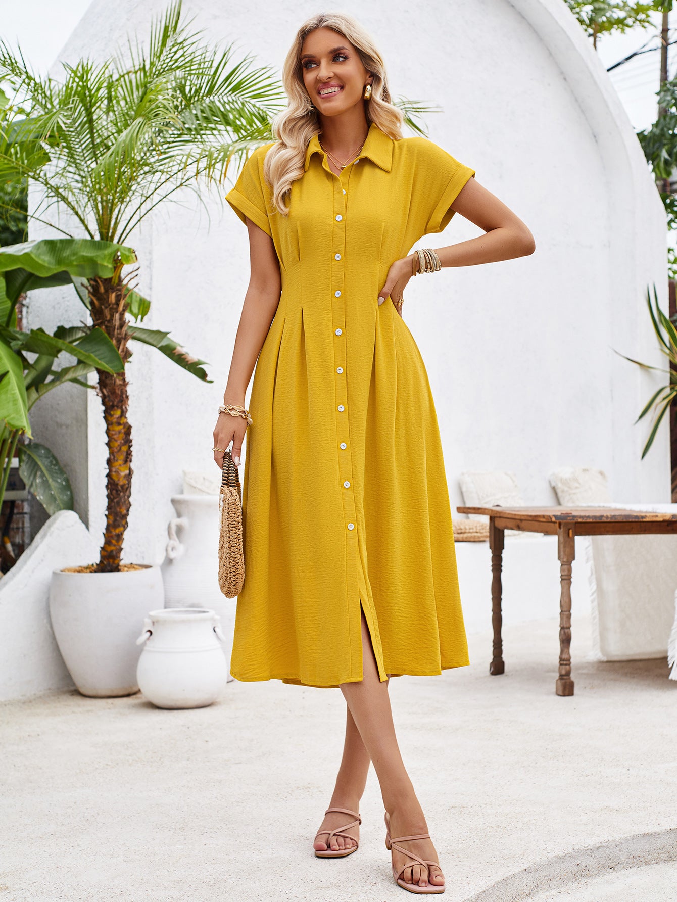 Summer Polo Collar Short Sleeve Pinch Pleated Dress