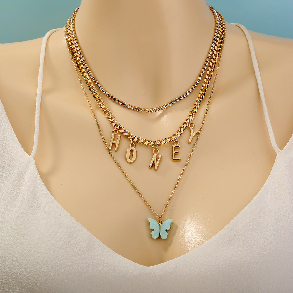 Triple Layer Honey Butterfly - Gold Plated Necklace