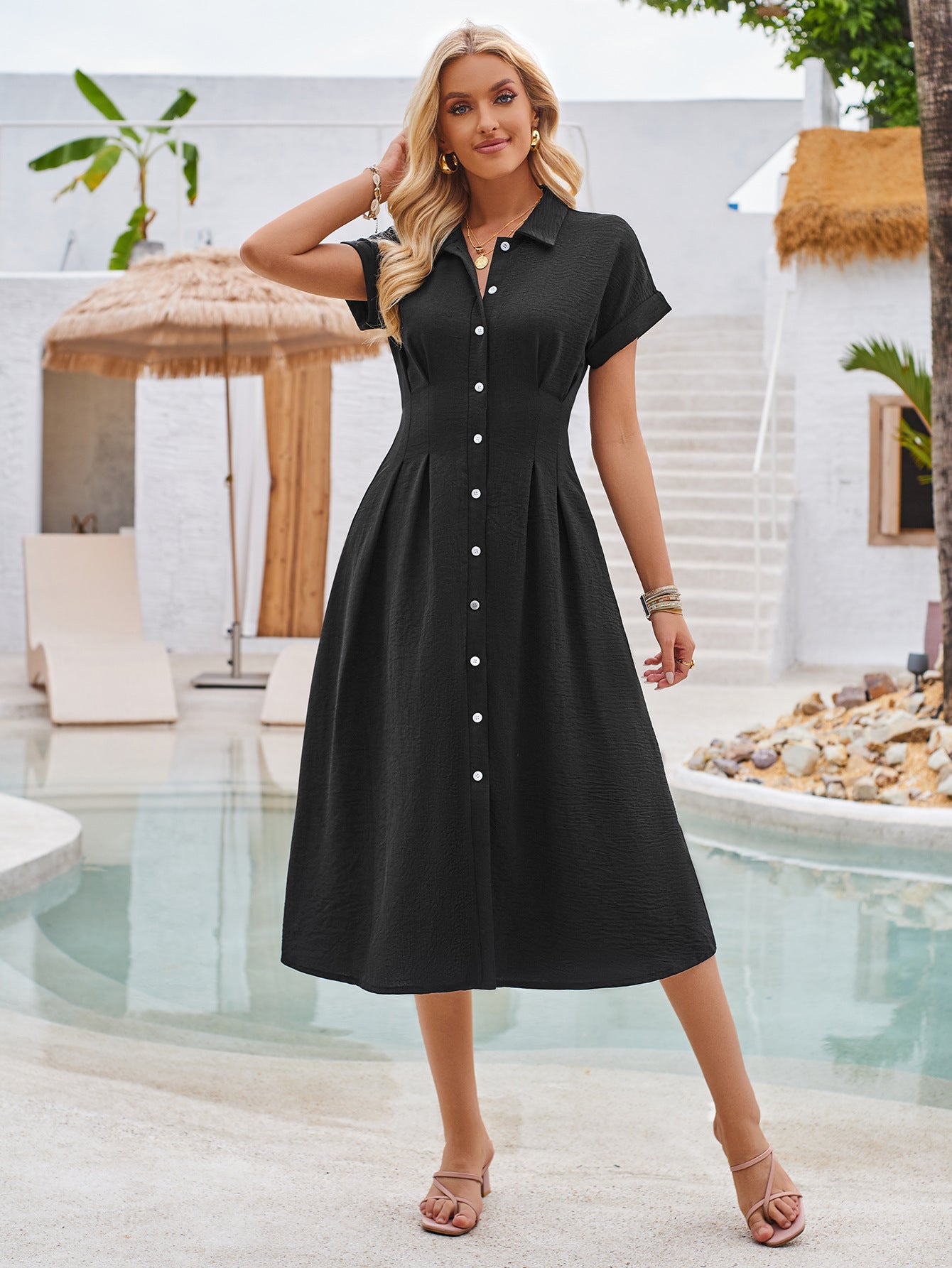 Summer Polo Collar Short Sleeve Pinch Pleated Dress